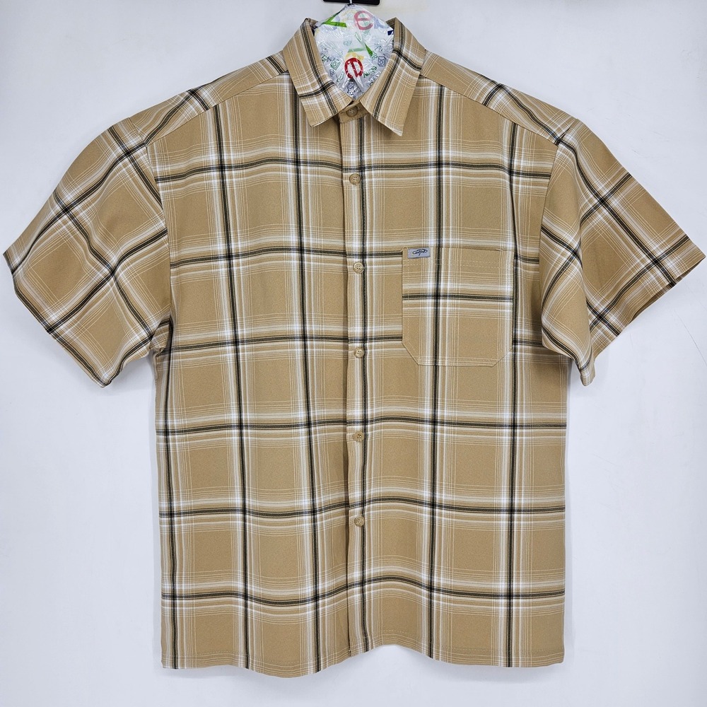 Caltop Shirt Mens XL Tan Black Plaid Cholo Chicano Short Sleeve Button Up
